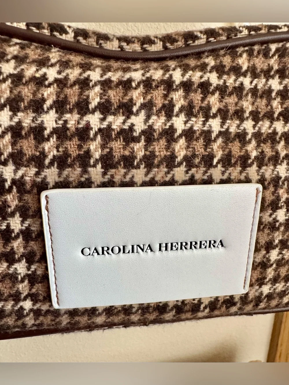 Carolina Herrera Brown Houndstooth Pearl-Handle Shoulder Bag
